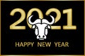 Greeting card, New Year banner with golden inscription: Happy New 2021 and Black and white bull - the symbol of 2021. Royalty Free Stock Photo